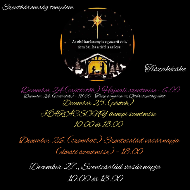 Karácsony – ünnepi miserend (december 24.-27.)